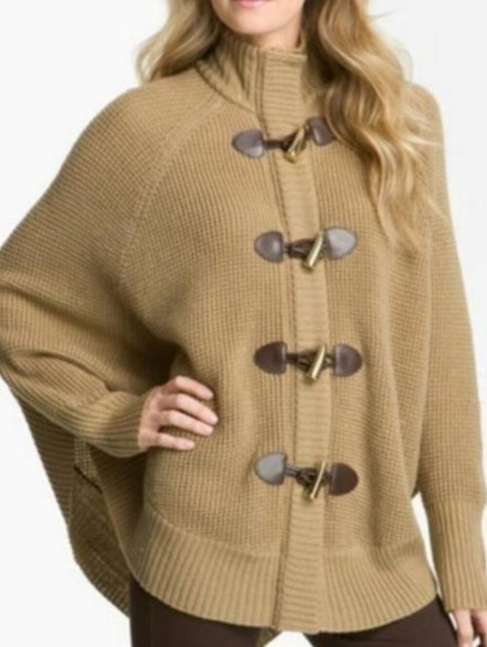Michael Kors Camel Full Zip Chunky Toggle Knit Cape Poncho Sweater Cardigan XS